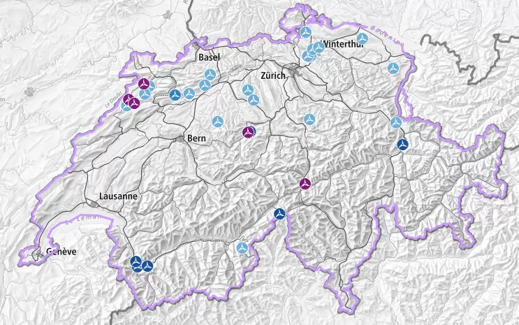 Map wind turbine facilities in Switzerland