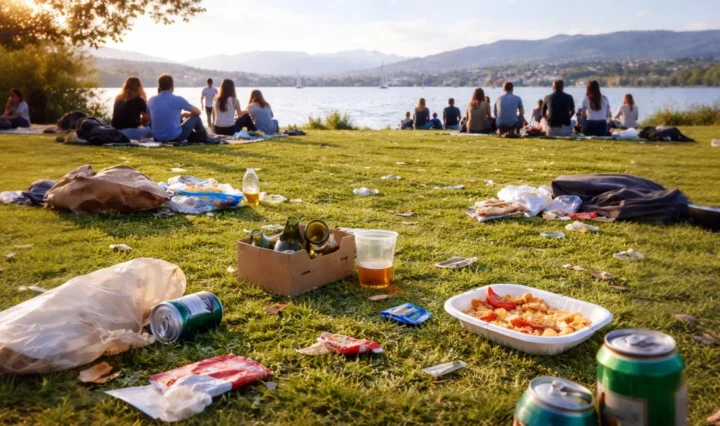 Scenery shows littering at the lake Zurich.