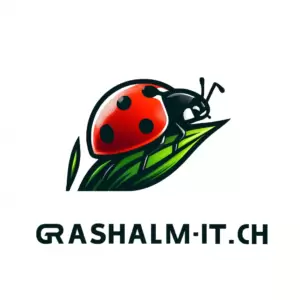 Grashalm IT GmbH logo featuring a green blade of grass with a red beetle on top with the company name below 