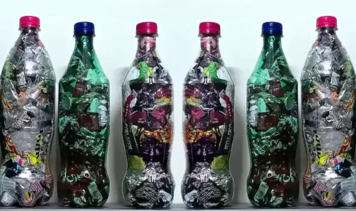 Ecobricks plastic bottles stuffed tightly with clean, dry, non-recyclable plastic waste, serving as reusable building blocks